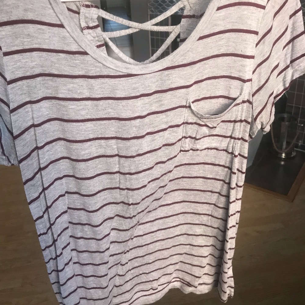 Grey/Burgundy striped shirt with front pocket